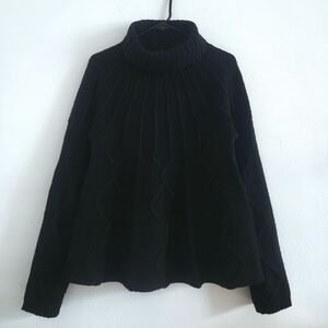 Flared Cableknit Lambswool Black Turtleneck Sweater
